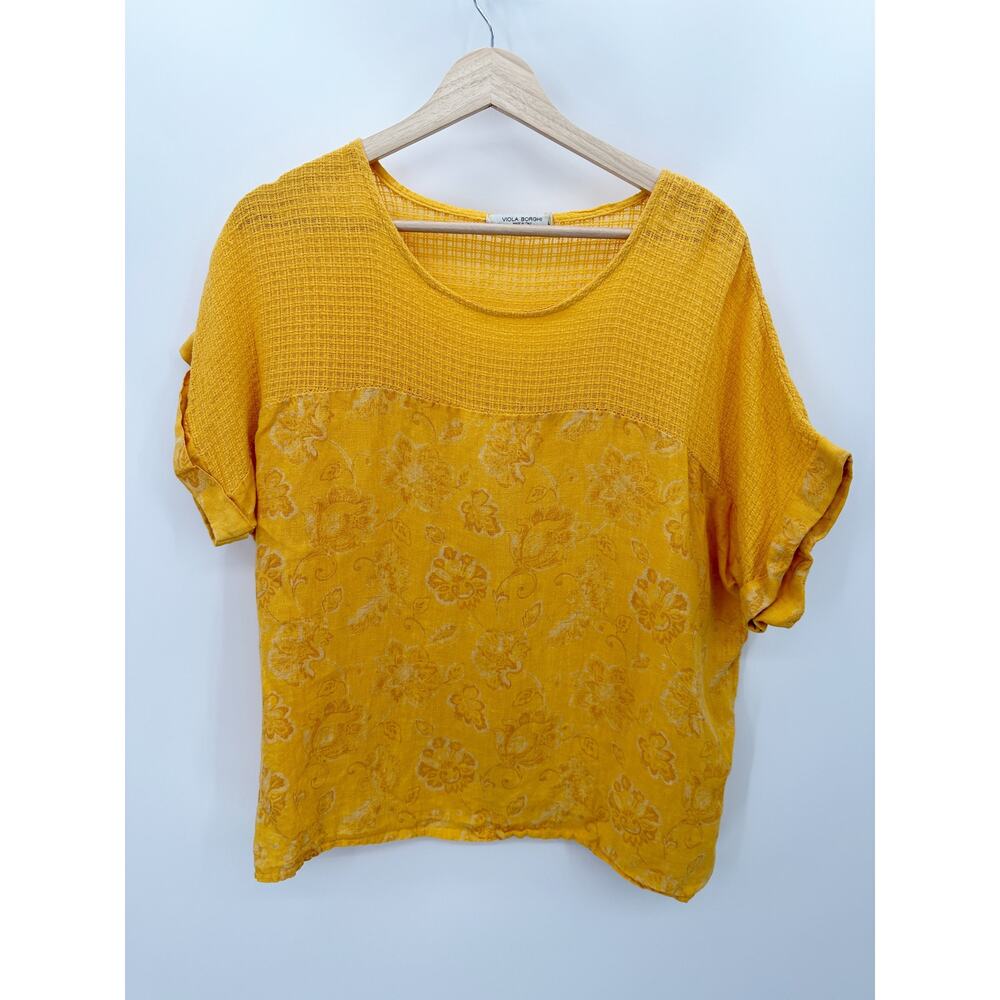 Viola Borghi Women Orange 100% Linen Floral Mixed Media Top Large Made in Italy